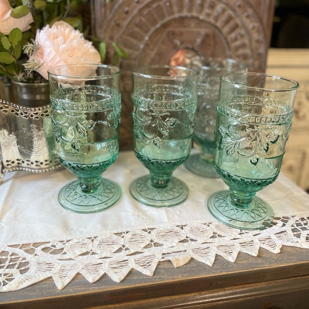 Custom for Angie vintage Mikasa green glass 4 water goblets Spring Garden Party